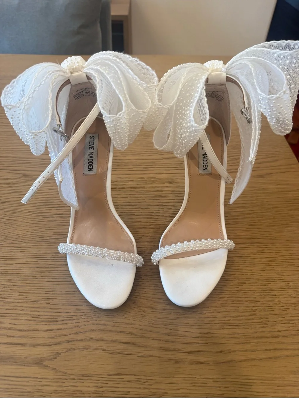 Steve Madden White Beaded Bow Ankle Strap Heels